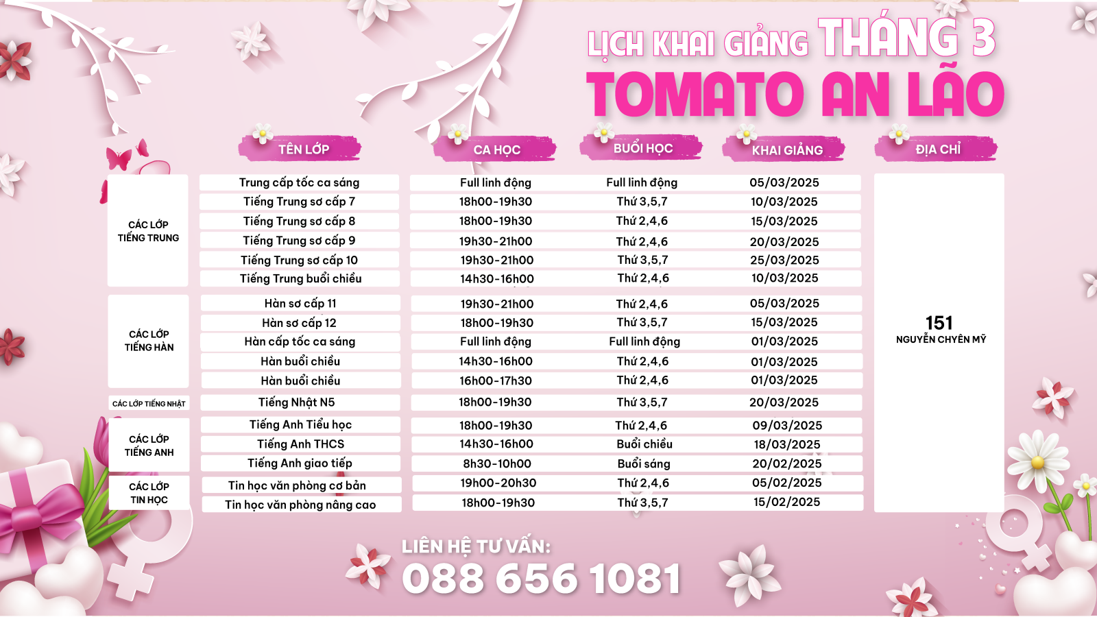 LỊCH KHAI GIẢNG AN LÃO THÁNG 3