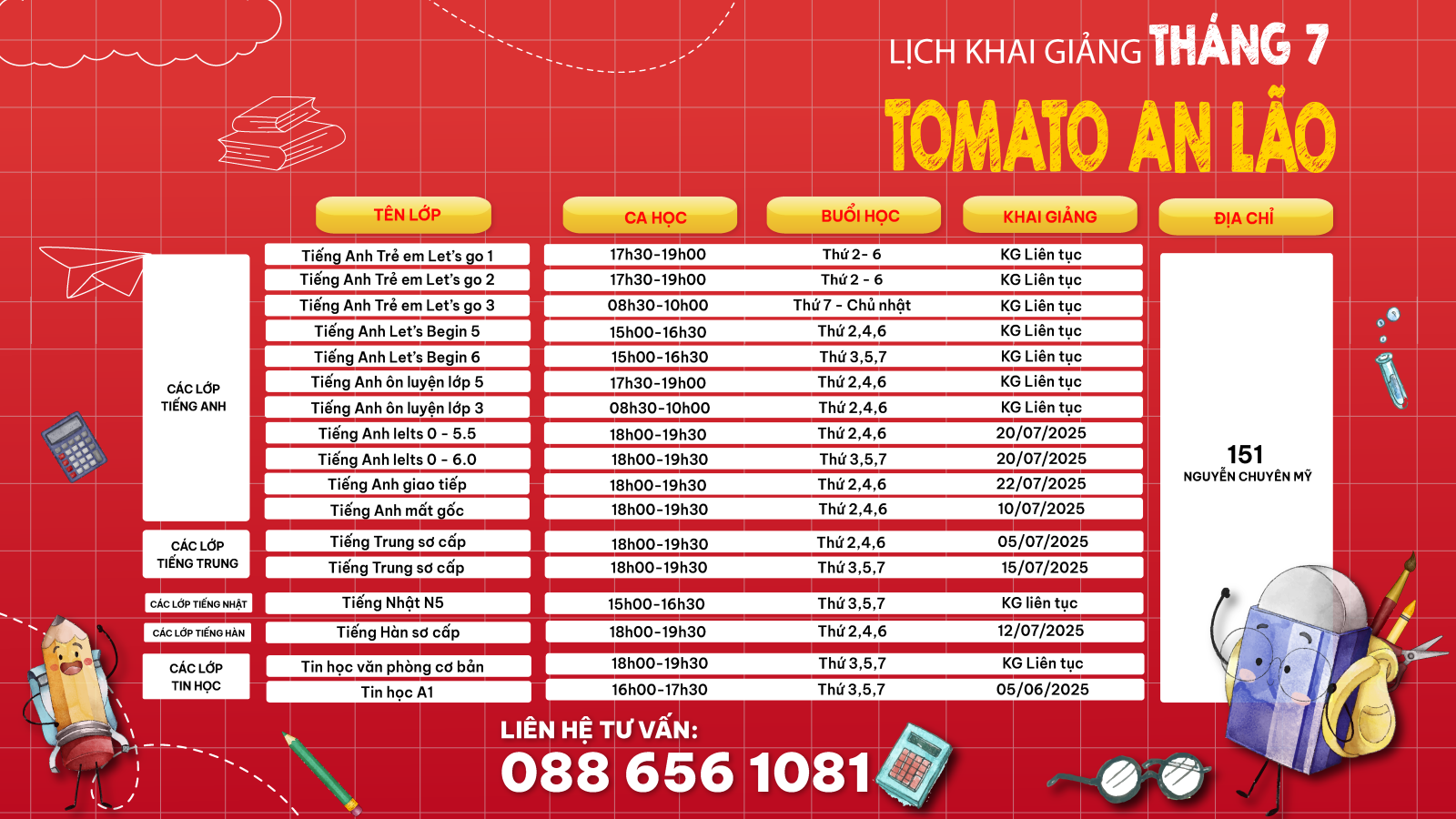 LỊCH KHAI GIẢNG AN LÃO THÁNG 7