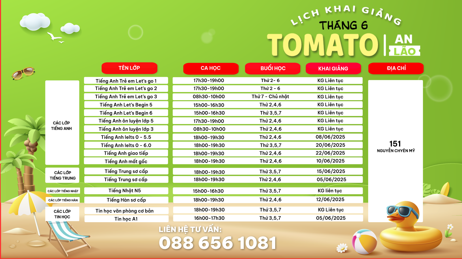 LỊCH KHAI GIẢNG AN LÃO THÁNG 6