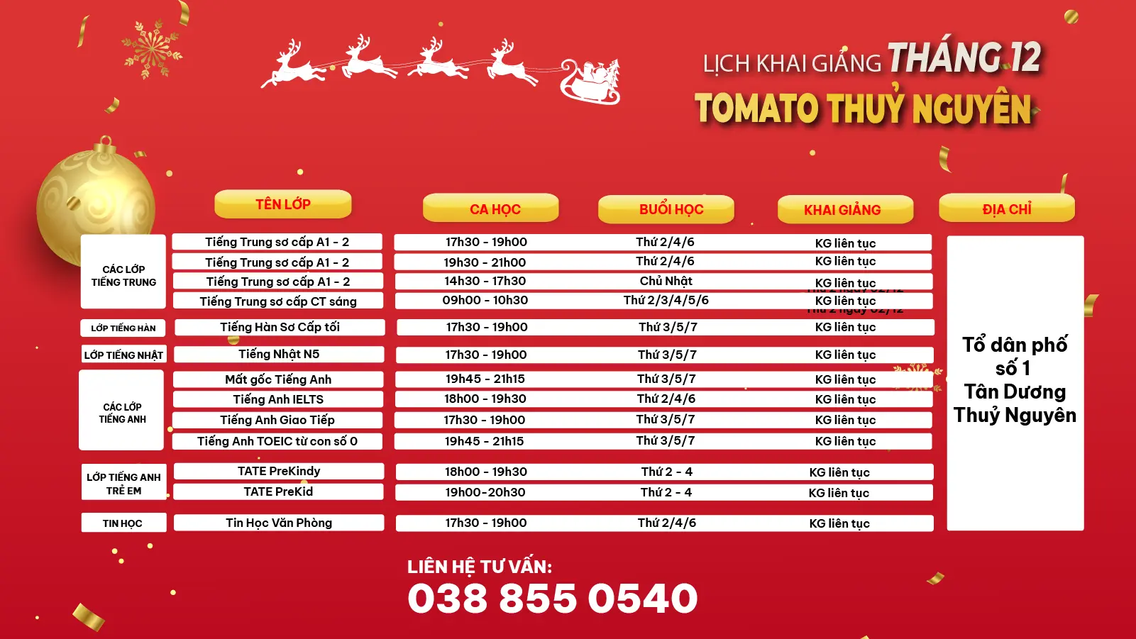 LỊCH KHAI GIẢNG THÁNG 12/2025 CỦA TOMATO CƠ SỞ THUỶ NGUYÊN