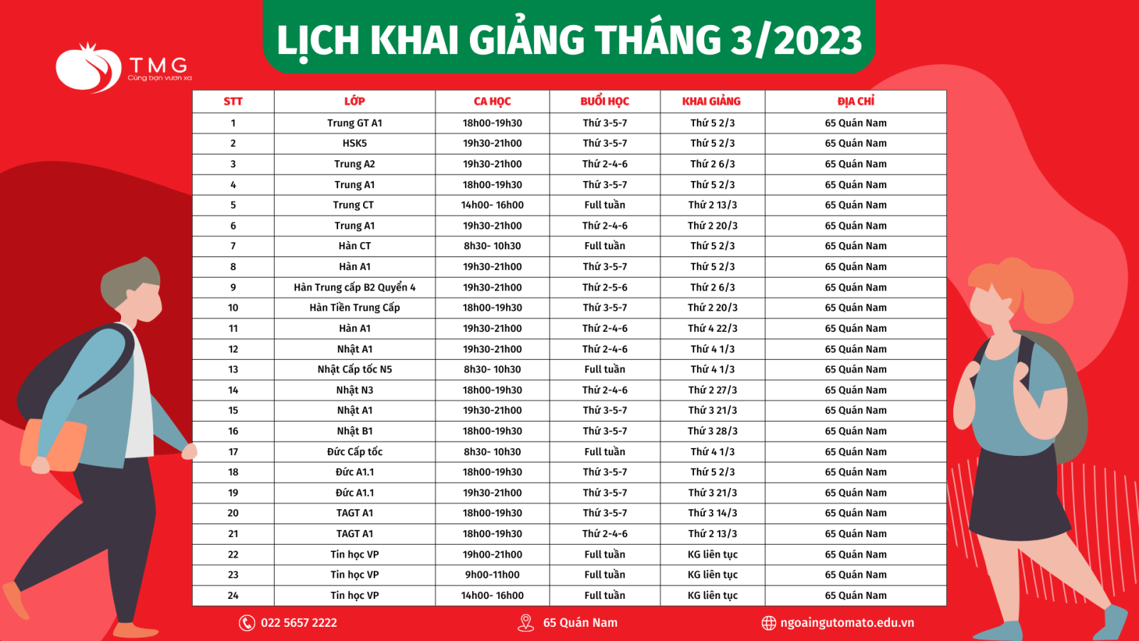 LỊCH KHAI GIẢNG THÁNG 4