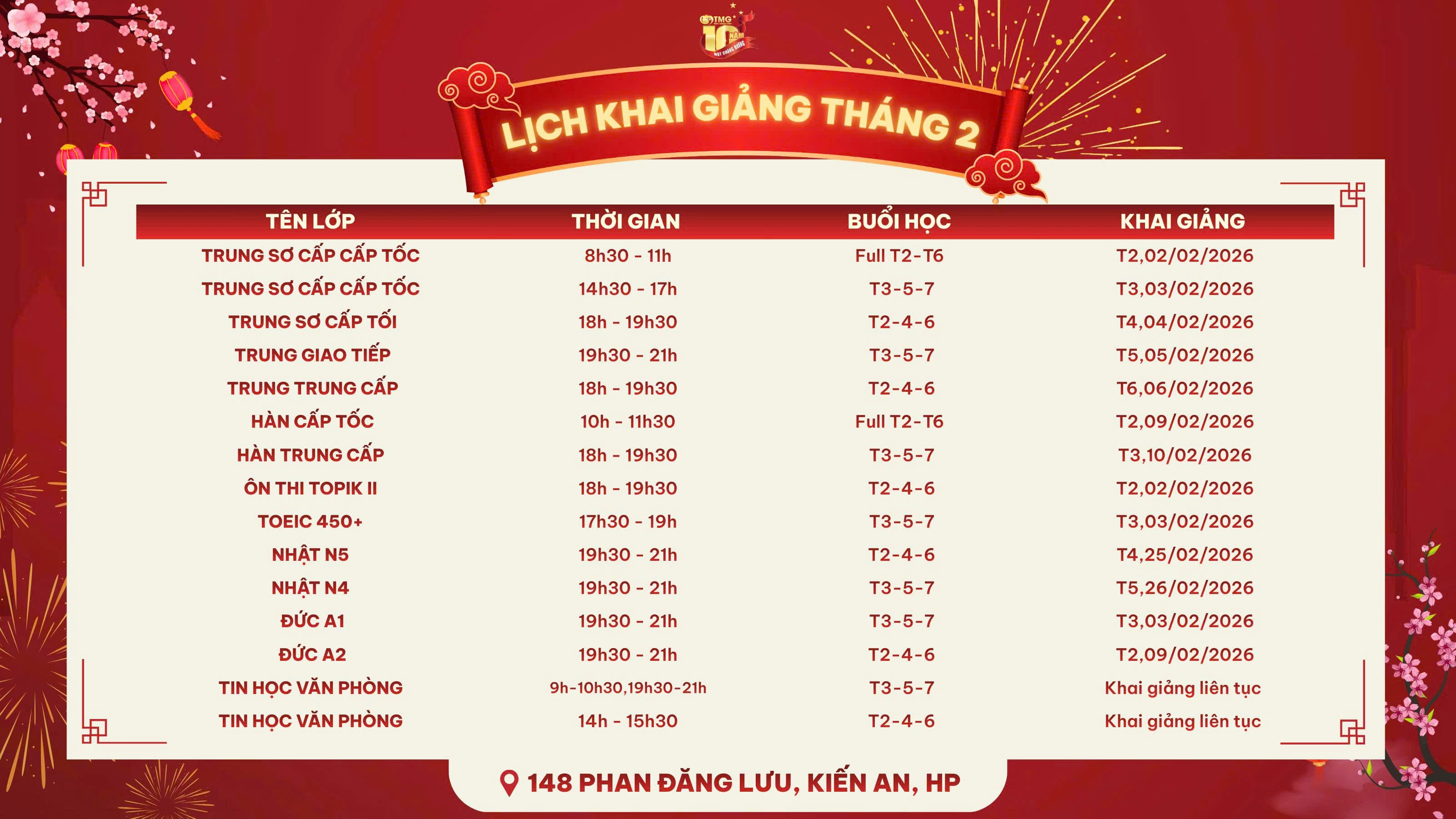 LỊCH KHAI GIẢNG THÁNG 02/2026 CỦA TOMATO CƠ SỞ KIẾN AN