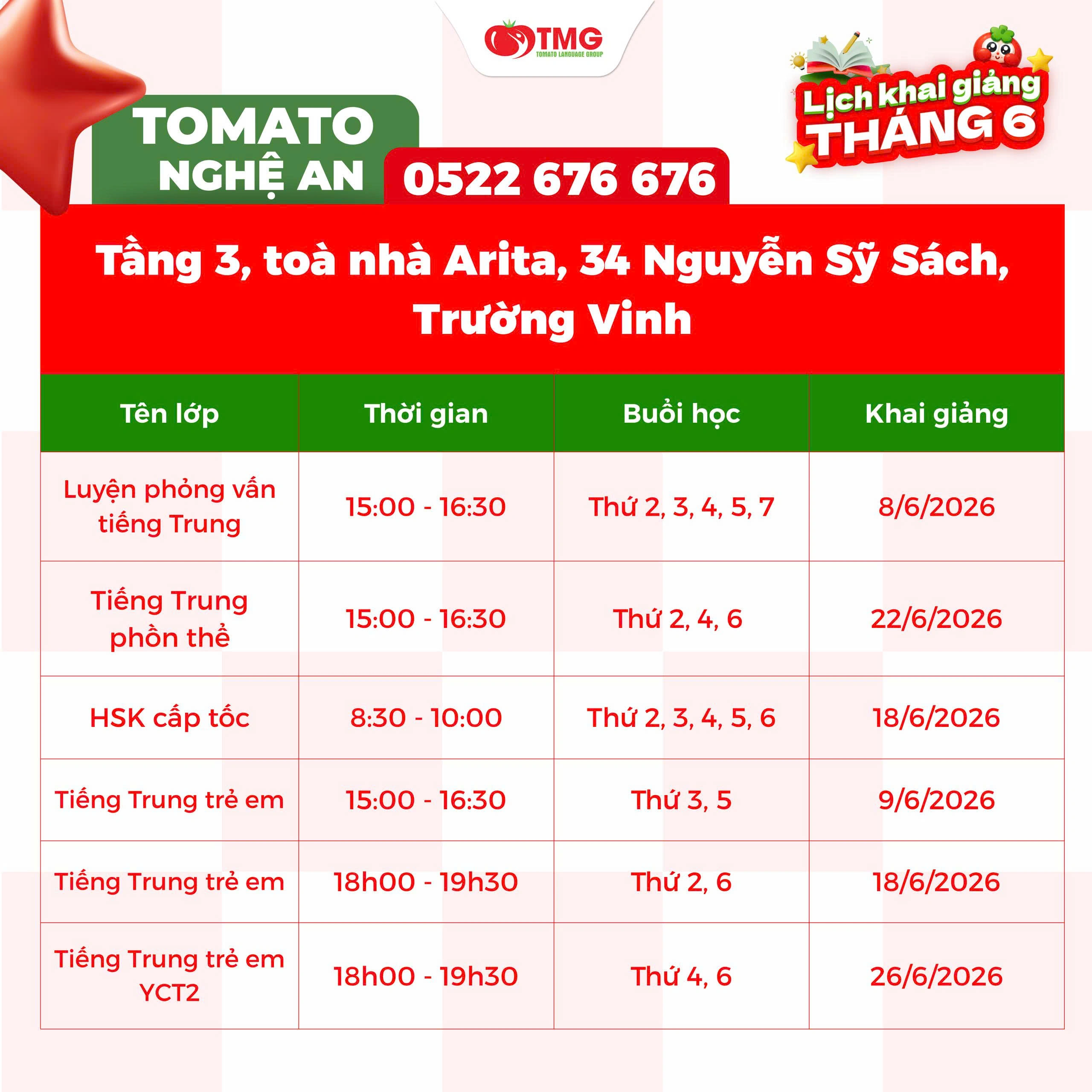 Lịch khai giảng tiếng Trung tháng 6 tại Tomato Nghệ An