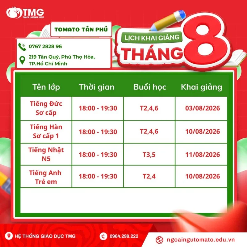 Lịch khai giảng Tomato tháng 8 tại Tân Phú